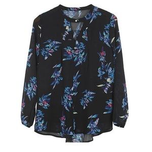Nlife Women Floral Print Long Sleeve Chiffon Shirt Blouse Top Sz L